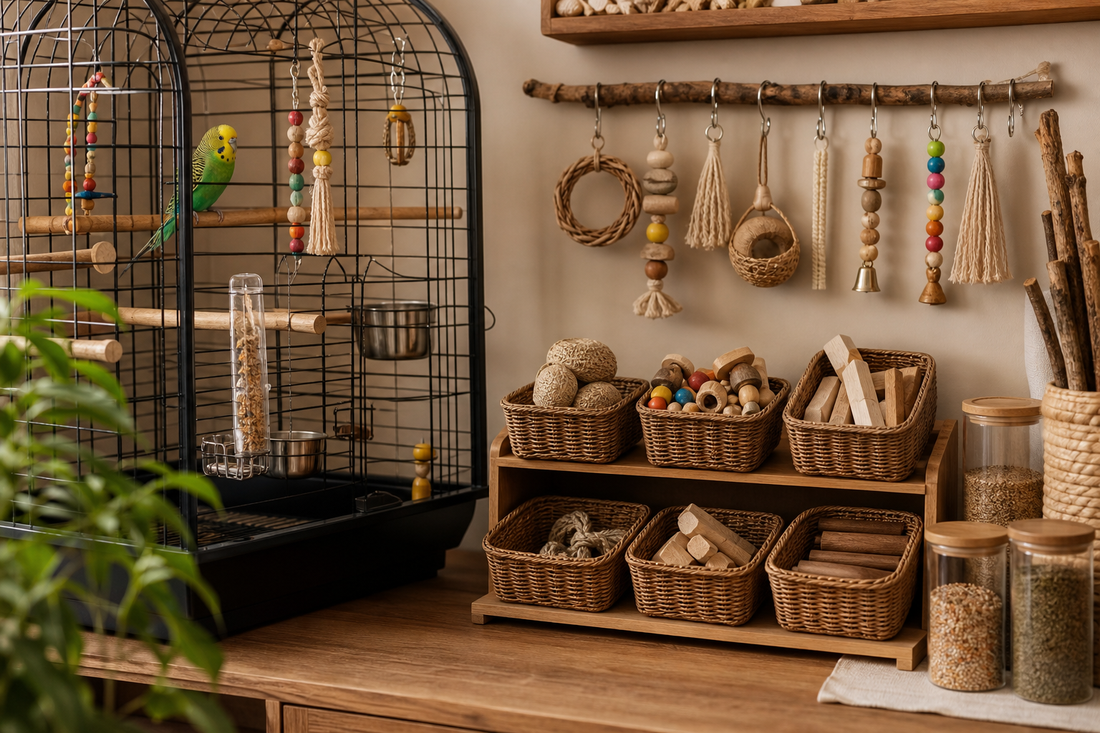 Unbranded close editorial detail featuring bird habitat and accessory organization