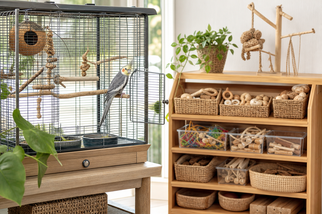 Unbranded repeatable routine scene featuring bird habitat and accessory organization