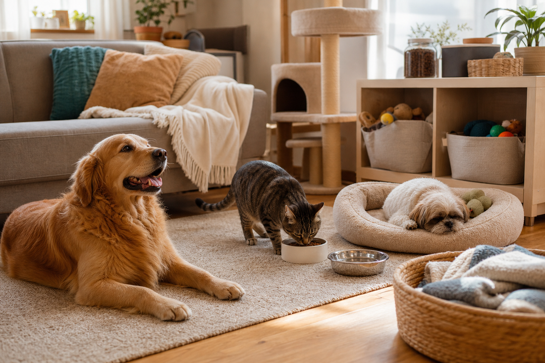Unbranded organized spatial layout featuring multi-pet household routines