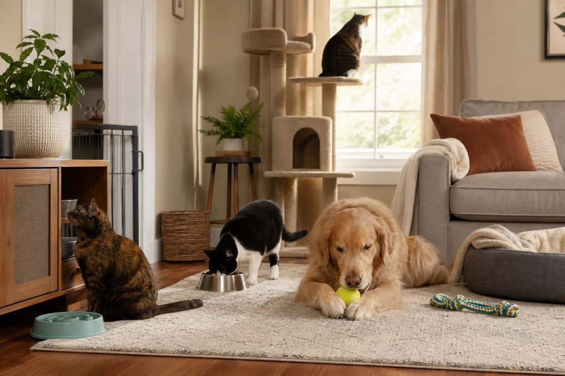 Unbranded organized spatial layout featuring multi-pet household routines