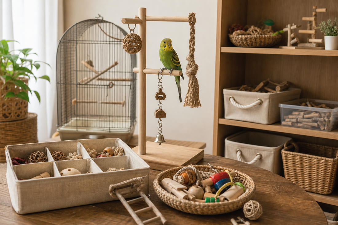 Unbranded repeatable routine scene featuring bird habitat and accessory organization