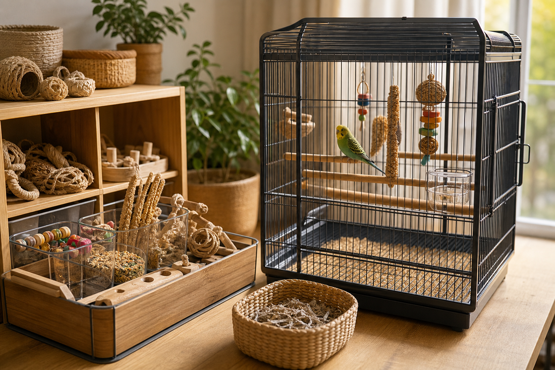 Unbranded repeatable routine scene featuring bird habitat and accessory organization