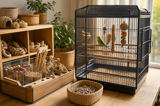 Unbranded repeatable routine scene featuring bird habitat and accessory organization
