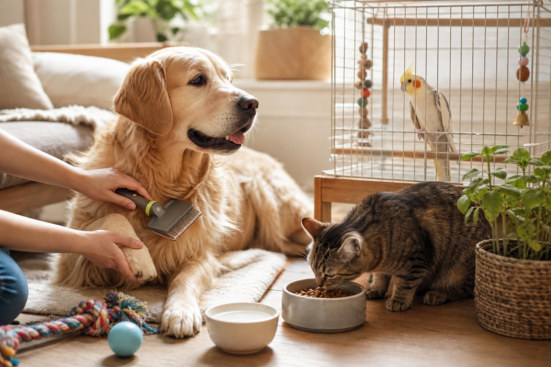Unbranded practical sequence scene featuring everyday dog cat and bird care