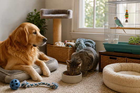 Unbranded practical sequence scene featuring everyday dog cat and bird care