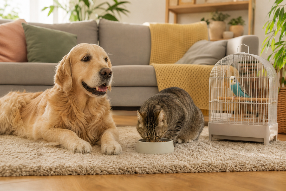 Unbranded practical sequence scene featuring everyday dog cat and bird care