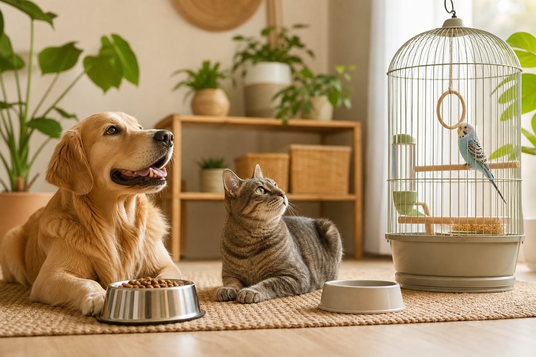 Unbranded practical sequence scene featuring everyday dog cat and bird care