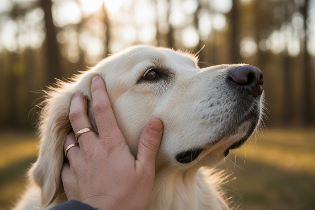 Close-up of a hand gently touching a well-groomed dog's fur, showing the tactile bond between owner and loyal canine companion