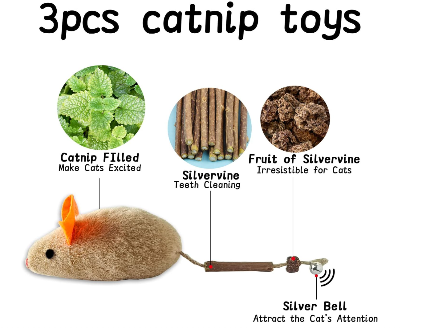 Potaroma Cat Toys: 3pcs Squeak Mice Interactive Catnip Silvervine Animals for Indoor Kittens - Dental Matatabi Cat Nip & Chew Exercise Toy for All Breeds & Species