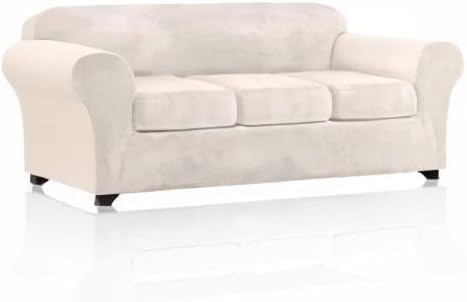 PrinceDeco Velvet Couch Covers for Sofa Soft 4 Pieces Couch Covers for 3 Cushion Couch Sofa Pet Friendly Furniture Protector with Non Slip Elastic Bottom Width Up to 90 Inch (Large, Ivory) - Image 8