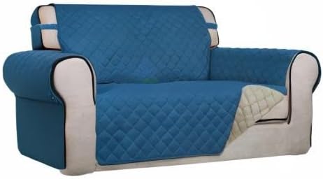 PureFit Reversible Quilted Sofa Cover, Water Resistant Medium Slipcover Furniture Protector, Washable Couch Cover with Non Slip Foam and Elastic Straps for Kids, Pets (Loveseat, Peacock Blue/Beige) | Peacock Blue/Beige, Water Resistant Couch Protector,... - Image 8