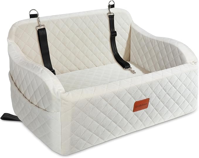 Dog Car Seat for Medium/Large Dogs,2 Clip-On Safety Leashs for 2 Small Dogs,Removable and Washable Comfy Pet Car Seat,Easy to Install and Clean (Beige, Large)