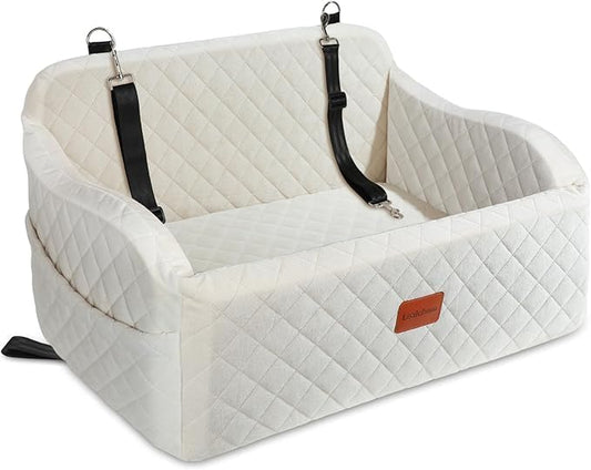 Dog Car Seat for Medium/Large Dogs,2 Clip-On Safety Leashs for 2 Small Dogs,Removable and Washable Comfy Pet Car Seat,Easy to Install and Clean (Beige, Large)