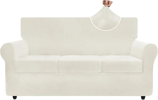 ZNSAYOTX Luxury Velvet Couch Cover 4 Piece (72"-92") Stretch Sofa Covers for 3 Cushion Couch Thick Soft Sofa Slipcover with Non Slip Strap, Dog Pet Friendly Nice Furniture Protector (Beige) by ZNSAYOTX