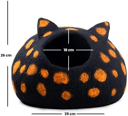 Wool Cat Cave Bed - Extra Warm, Handcrafted, Eco-Friendly Felt Cat Cave for Indoor Cats and Kittens (White Polka) by Woolygon (Black Polka) - Image 2