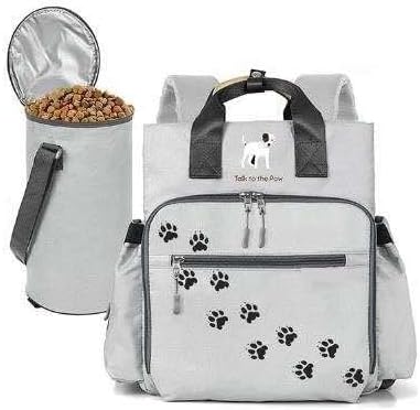 Dog Travel Bag - Dog Backpack Organizer - Pet Travel Kit Airline Compliant - Includes Large Pad, Food Canister and Bowls (Gray, Paw Prints) - Image 2
