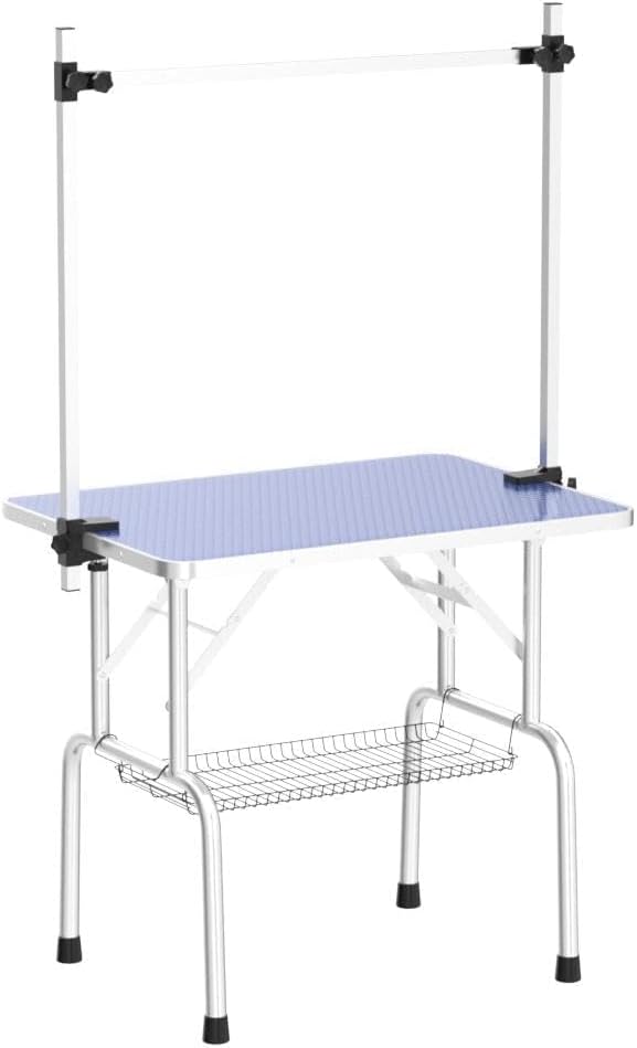 Lyromix 42'' Stainless Steel Pet Dog Grooming Table, Arm/Noose/Tray, Blue | Foldable Dog Grooming Table for Dogs at Home, Adjustable Height Arm, Non-Slip Waterproof Tabletop, Capacity 330Lb - Image 5