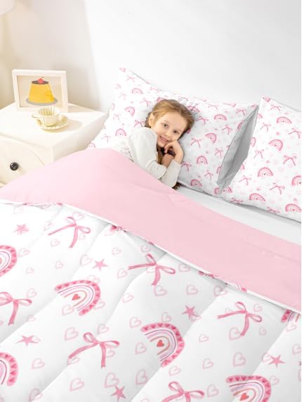 Manfei Pink Rainbow Comforter Set,Dreamy Bowknot Bow Ribbon Princess Style Bedding Set for Adults Living Room,Romantic Love Hearts Graffiti Pink White Quilt Set 3 Pcs with 2 Pillowcases,King - Image 2