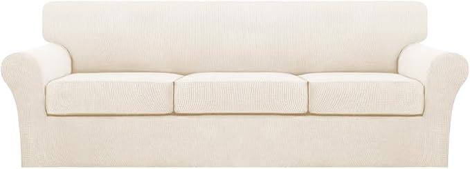 Turquoize 4 Piece Sofa Covers for 3 Cushion Couch Sofa Slipcover Soft Couch Cover for Dogs Washable Furniture Cover with 3 Individual Large Cushion Covers Feature Fabric (Large Sofa, Cream) by Turquoize