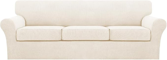 Turquoize 4 Piece Sofa Covers for 3 Cushion Couch Sofa Slipcover Soft Couch Cover for Dogs Washable Furniture Cover with 3 Individual Large Cushion Covers Feature Fabric (Large Sofa, Cream) by Turquoize