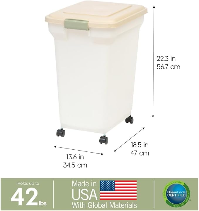 IRIS USA Airtight Dog Food Storage Container, WeatherPro, Up to 40 lbs, Removable Wheels, for Dog Cat Bird and Other Pet Food Storage Bin, Keep Fresh, Translucent Body, Made in USA, Almond/Pearl - Image 4