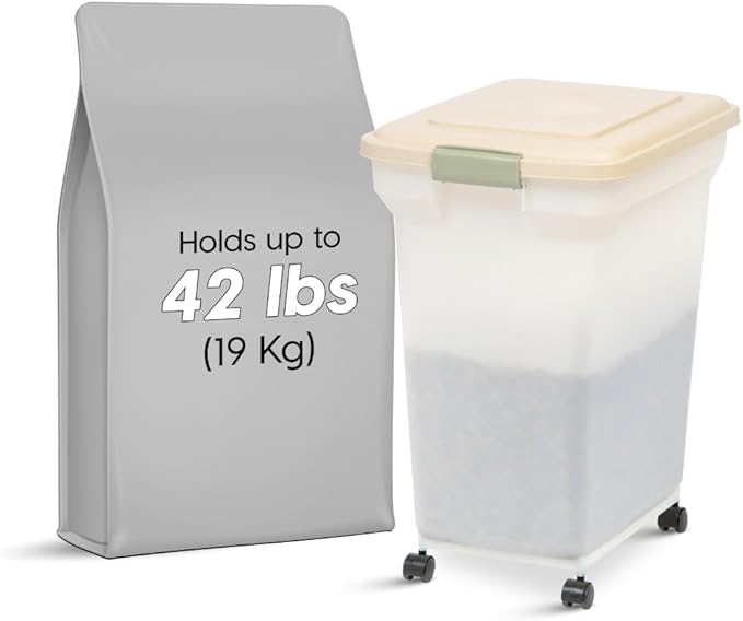 IRIS USA Airtight Dog Food Storage Container, WeatherPro, Up to 40 lbs, Removable Wheels, for Dog Cat Bird and Other Pet Food Storage Bin, Keep Fresh, Translucent Body, Made in USA, Almond/Pearl - Image 3