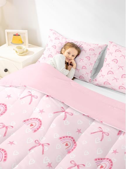 Manfei Pink Love Rainbow Comforter Set Full Size,Princess Bow Ribbon Bow-tie Dreamy Bedding Set 3 Pcs for Teens,Kawaii Hearts Stars Watercolor Comforter,Pink Duvet Insert,2 Pillowcases - Image 2
