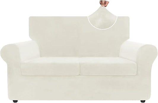 ZNSAYOTX Luxury Velvet Sofa Cover 3 Piece (57"-70") Stretch Loveseat Covers for 2 Cushion Couch Thick Soft Couch Slipcover with Non Slip Strap, Dog Pet Friendly Nice Furniture Protector (Beige) by ZNSAYOTX