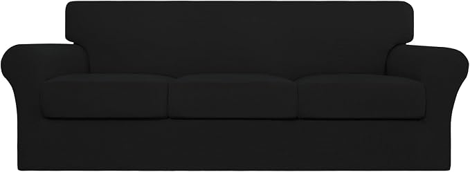 Easy-Going 4 Pieces Stretch Couch Cover Sofa Cover for Dogs Washable Sofa Slipcover for 3 Separate Cushion Couch Spandex Jacquard Fabric Elastic Furniture Protector for Pets, Kids (Black, Sofa) by Easy-Going
