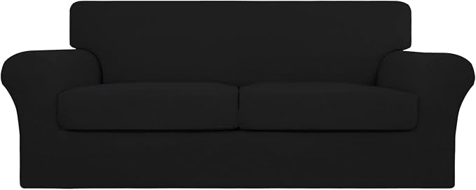 Easy-Going 3 Pieces Stretch Oversized Loveseat Couch Cover for 2 Cushion Couch Sofa Cover for Dogs Washable Sofa Slipcover Elastic Furniture Protector for Pets (Black, Oversized Loveseat) by Easy-Going