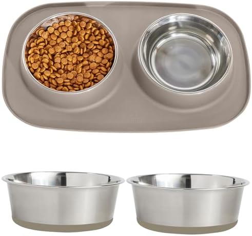 Gorilla Grip Cat and Dog Bowls Feeding Mat Set and Stainless Steel Metal Dog Bowl Set of 2, 2 Cup Raised Edge Feeding Mat Set, 2 Cup Heavy Duty Stainless Steel Bowls, Both Beige, 2 Item Bundle by Unknown
