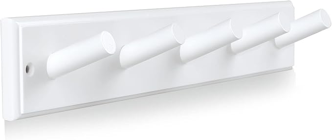 Wood Coat Rack Wall Mounted, 16'' Hole to Hole Wooden Peg Rail for Wall Hangers, 5 Pegs Bamboo Wall Hook for Hanging Towels Hats Robes Clothes Keys, White by muukinghouse