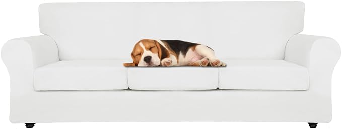 ZNSAYOTX Oversized Velvet Couch Cover 4 Piece (92"-115") Stretch Sofa Covers for 3 Cushion Couch Thick Soft XL-Slipcover with Non Slip Strap, Dog Pet Friendly Nice Furniture Protector (White) by ZNSAYOTX