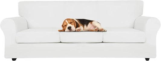 ZNSAYOTX Oversized Velvet Couch Cover 4 Piece (92"-115") Stretch Sofa Covers for 3 Cushion Couch Thick Soft XL-Slipcover with Non Slip Strap, Dog Pet Friendly Nice Furniture Protector (White) by ZNSAYOTX