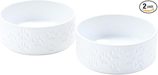 SPUNKYJUNKY Ceramic Dog Bowls 2 Pack, 7.3'' Dog Food Water Double Feeding Bowls Non-Slip for Medium to Large Sized Breed Microwave Dishwasher Safe - 42 OZ, 2pcs, Paw White by SPUNKYJUNKY