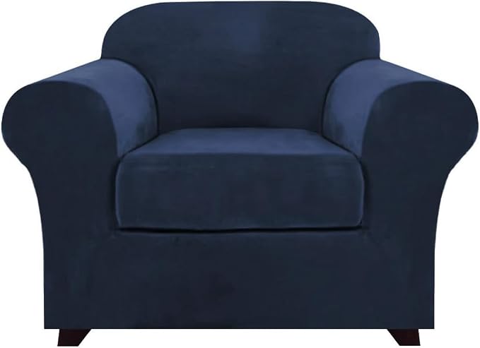 PrinceDeco Velvet Plush Couch Cover Stretch 2 Piece Chair Cover Chair Slipcover Washable Furniture Protector Couch Soft with Elastic Bottom Armchair Cover Width Up to 49 Inch(Small,Navy) by PrinceDeco