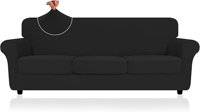 ZNSAYOTX 4 Piece Stretch XL-Sofa Covers (91"-110") for 3 XL Cushion Couch, Thick Couch Cover with Elastic Band Bottom Ties Non-Slip Stay in Place, Soft Durable Oversized Slipcovers, Black by ZNSAYOTX