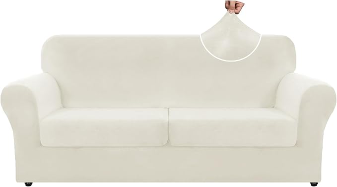 ZNSAYOTX Oversized Velvet 3 Piece Couch Cover with 2 Extra Large Seat Cushion Covers Stretch Sofa Cover for 2 Cushion Couch Thick Soft Loveseat Sofa Slipcover (Beige),72"-92"(2 Cushions) by ZNSAYOTX