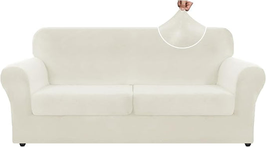 ZNSAYOTX Oversized Velvet 3 Piece Couch Cover with 2 Extra Large Seat Cushion Covers Stretch Sofa Cover for 2 Cushion Couch Thick Soft Loveseat Sofa Slipcover (Beige),72"-92"(2 Cushions) by ZNSAYOTX