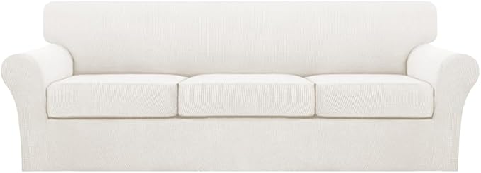 Turquoize 4 Piece Sofa Covers for 3 Cushion Couch Sofa Slipcover Soft Couch Cover for Dogs Washable Furniture Cover with 3 Individual Large Cushion Covers Feature Fabric (Large Sofa, Porcelain White) by Turquoize