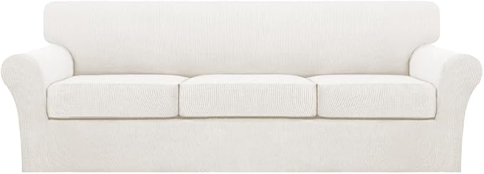 Turquoize 4 Piece Sofa Covers for 3 Cushion Couch Sofa Slipcover Soft Couch Cover for Dogs Washable Furniture Cover with 3 Individual Large Cushion Covers Feature Fabric (Large Sofa, Porcelain White) by Turquoize