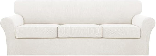 Turquoize 4 Piece Sofa Covers for 3 Cushion Couch Sofa Slipcover Soft Couch Cover for Dogs Washable Furniture Cover with 3 Individual Large Cushion Covers Feature Fabric (Large Sofa, Porcelain White) by Turquoize