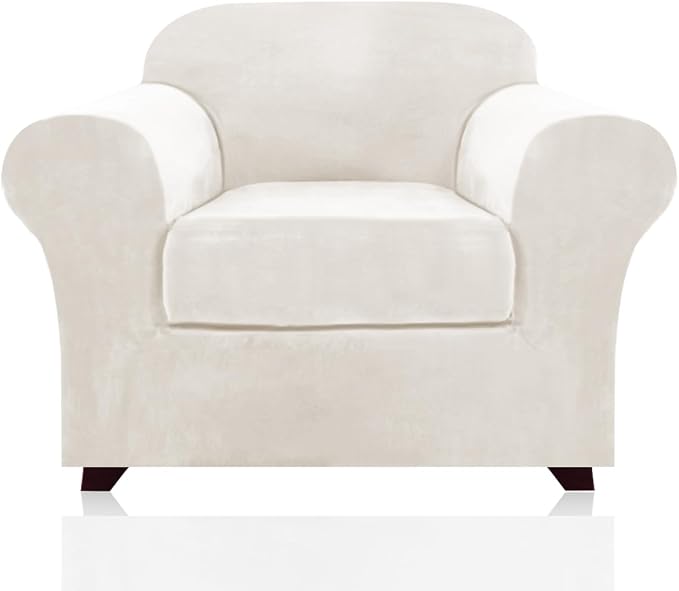 PrinceDeco Velvet Plush Couch Cover Stretch 2 Piece Chair Cover Chair Slipcover Washable Furniture Protector Couch Soft with Elastic Bottom Armchair Cover Width Up to 49 Inch(Small, Porcelain) by PrinceDeco