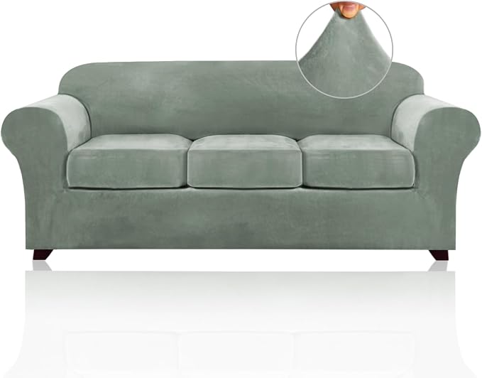 PrinceDeco Velvet Couch Covers for Sofa Soft 4 Pieces Couch Covers for 3 Cushion Couch Sofa Pet Friendly Furniture Protector with Non Slip Elastic Bottom Width Up to 90 Inch(Large, Seagrass) by PrinceDeco
