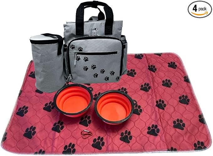 TALK TO THE PAW - Dog Backpack - Dog Supply Organizer with Blanket, Collaspable Bowls and Food Canister - Weekend Pet Travel - Pet Travel Airline Compliant (red Blanket, paw Prints) by TalktothePaw