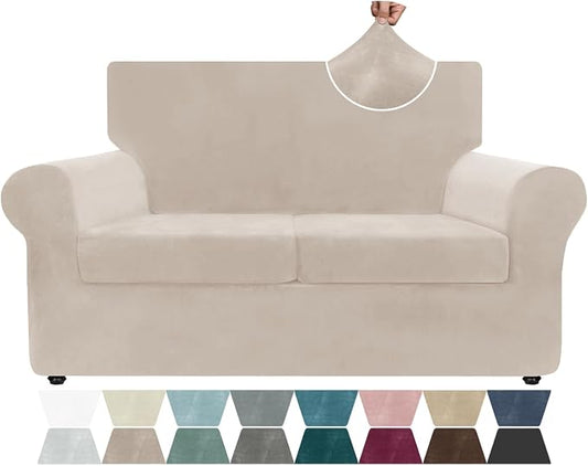 ZNSAYOTX Luxury Velvet Sofa Cover 3 Piece (57"-70") Stretch Loveseat Covers for 2 Cushion Couch Thick Soft Couch Slipcover with Non Slip Strap, Dog Pet Friendly Nice Furniture Protector (Khaki) by ZNSAYOTX