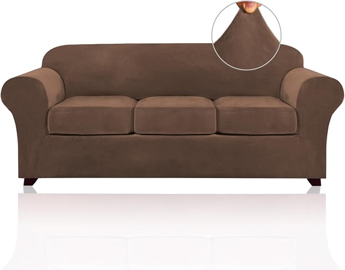 PrinceDeco Velvet Couch Covers for Sofa Soft 4 Pieces Couch Covers for 3 Cushion Couch Sofa Pet Friendly Furniture Protector with Non Slip Elastic Bottom Width Up to 90 Inch (Large, Caramel) by PrinceDeco
