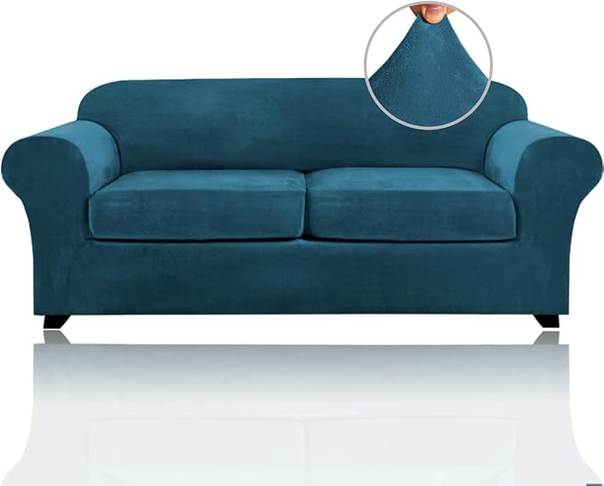PrinceDeco Couch Cover Velvet Plush Sofa Covers for 2 Cushion Couch Width Up to 90 Inch Washable Furniture Protector Pet Friendly No Slip Sofa Slipcover(Medium-Large, Deep Teal) by PrinceDeco