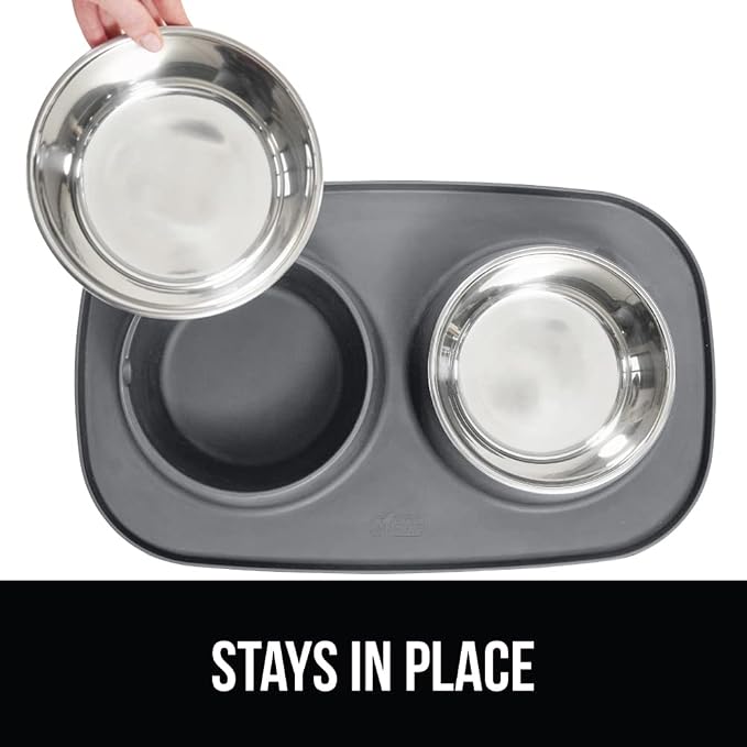 GORILLA GRIP Dog Bowl Set with Slip Resistant Silicone Feeding Mat, Food Grade 304 Stainless Steel Bowls, BPA Free, High Edge Spill Containment, Dishwasher Safe, Finger Notch Removal, 1 Cup, Gray - Image 4