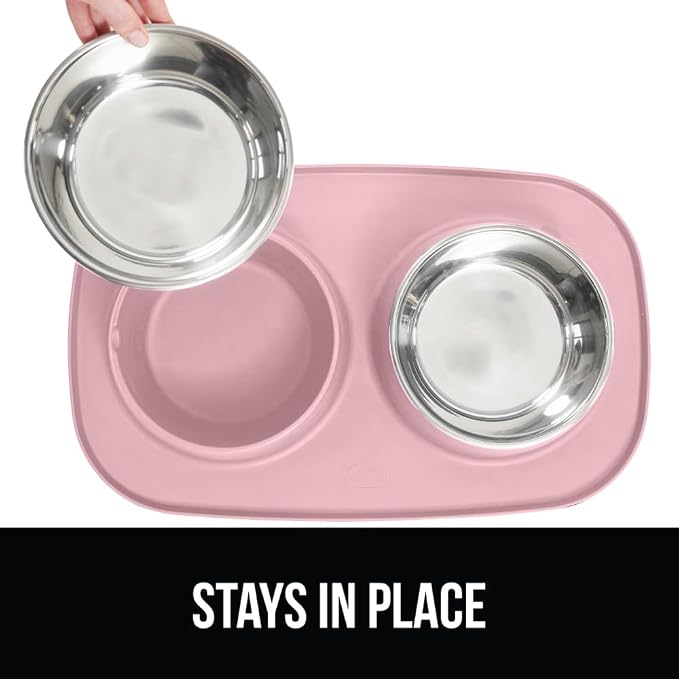 GORILLA GRIP Dog Bowl Set with Slip Resistant Silicone Feeding Mat, Food Grade 304 Stainless Steel Bowls, BPA Free, High Edge Spill Containment, Dishwasher Safe, Finger Notch Removal, 1 Cup, Pink - Image 4